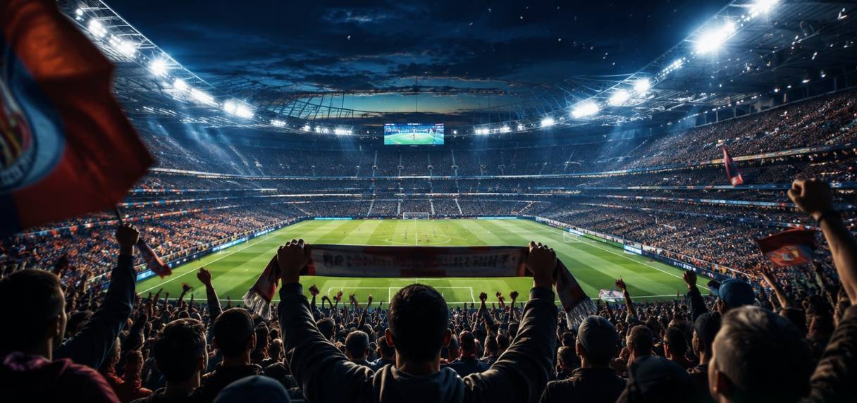 Football fans in a floodlit stadium watching a live match